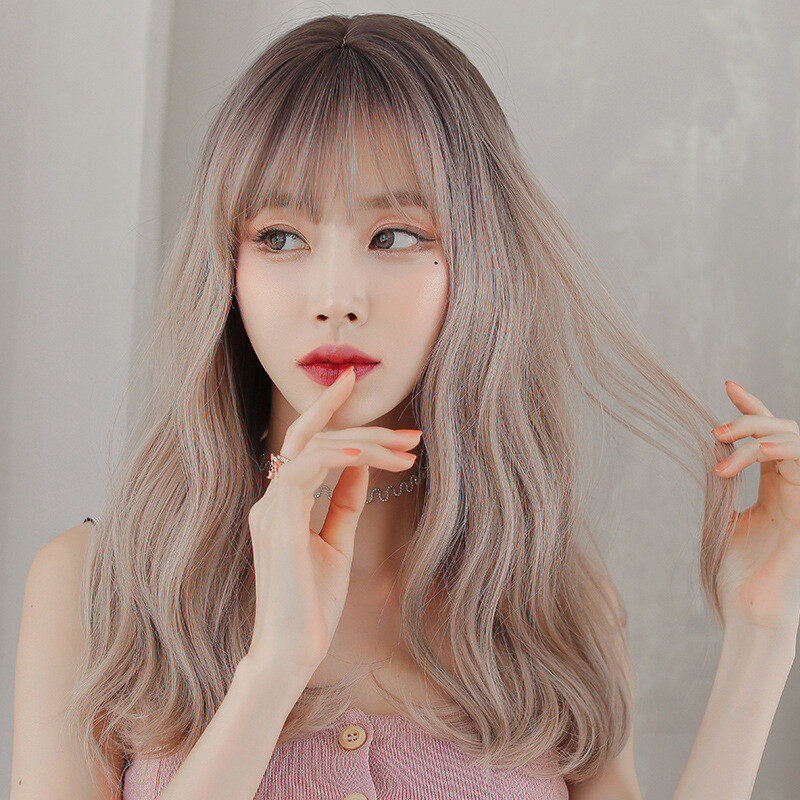 Korean Medium-Length Long Curly Wavy Wig with Bangs, Natural Heat-Resistant Wigs