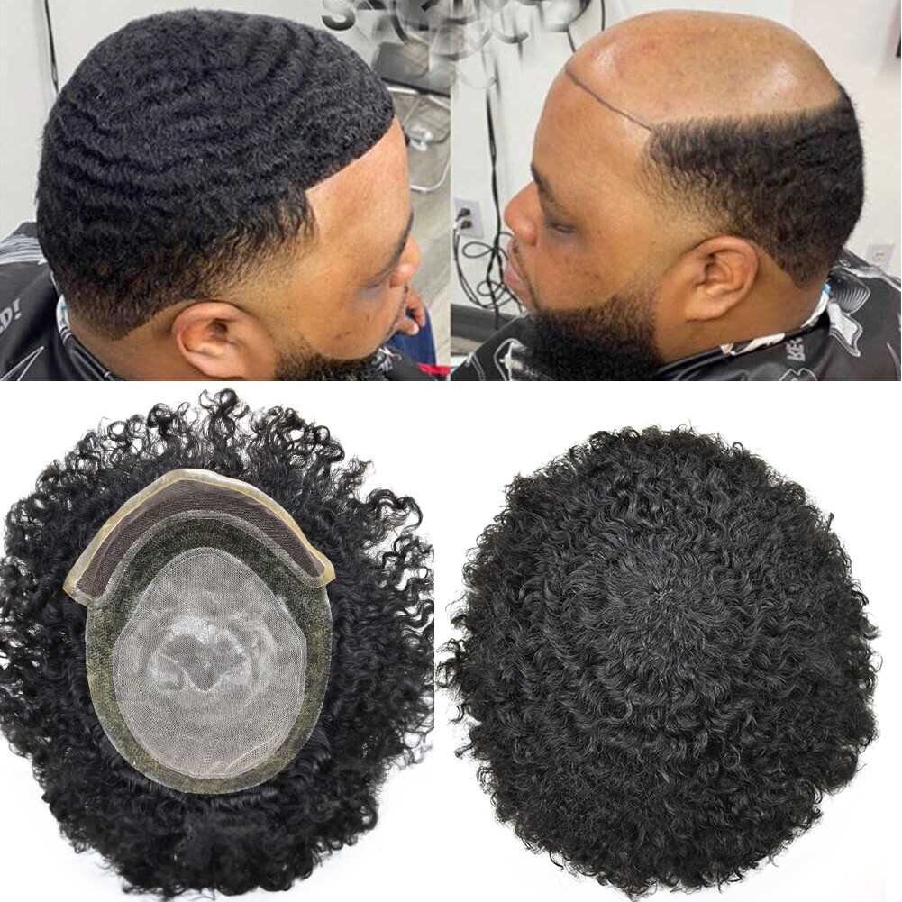 Lace Front Afro Curl Mens Toupee Poly Skin African American Human Hair Piece Wig