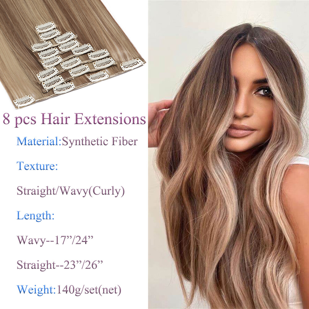 8 Pieces Hair Full Head Natural Clip in Hair Extensions Straight Curly For Woman
