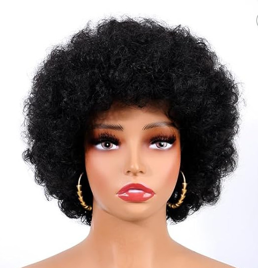NWT 70’s Afro Wigs 100% Human Hair Short Curly Wig With Bangs 5inch, Glueless