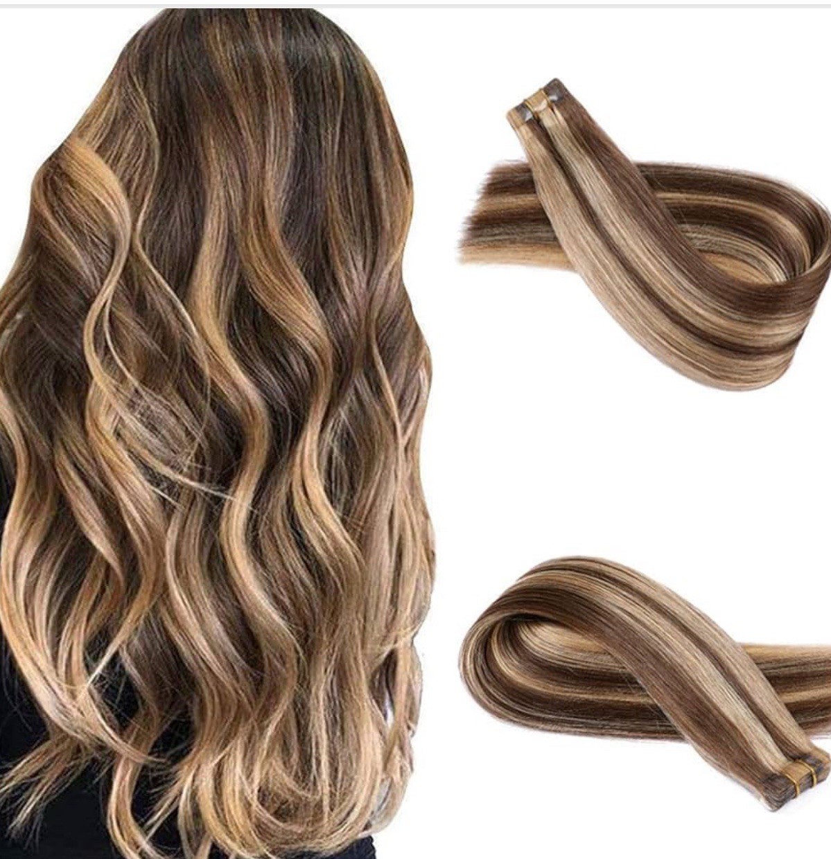 Tape in Hair Extensions, Brown Ombre Chocolate BrownCaramel Blonde Highlights16”