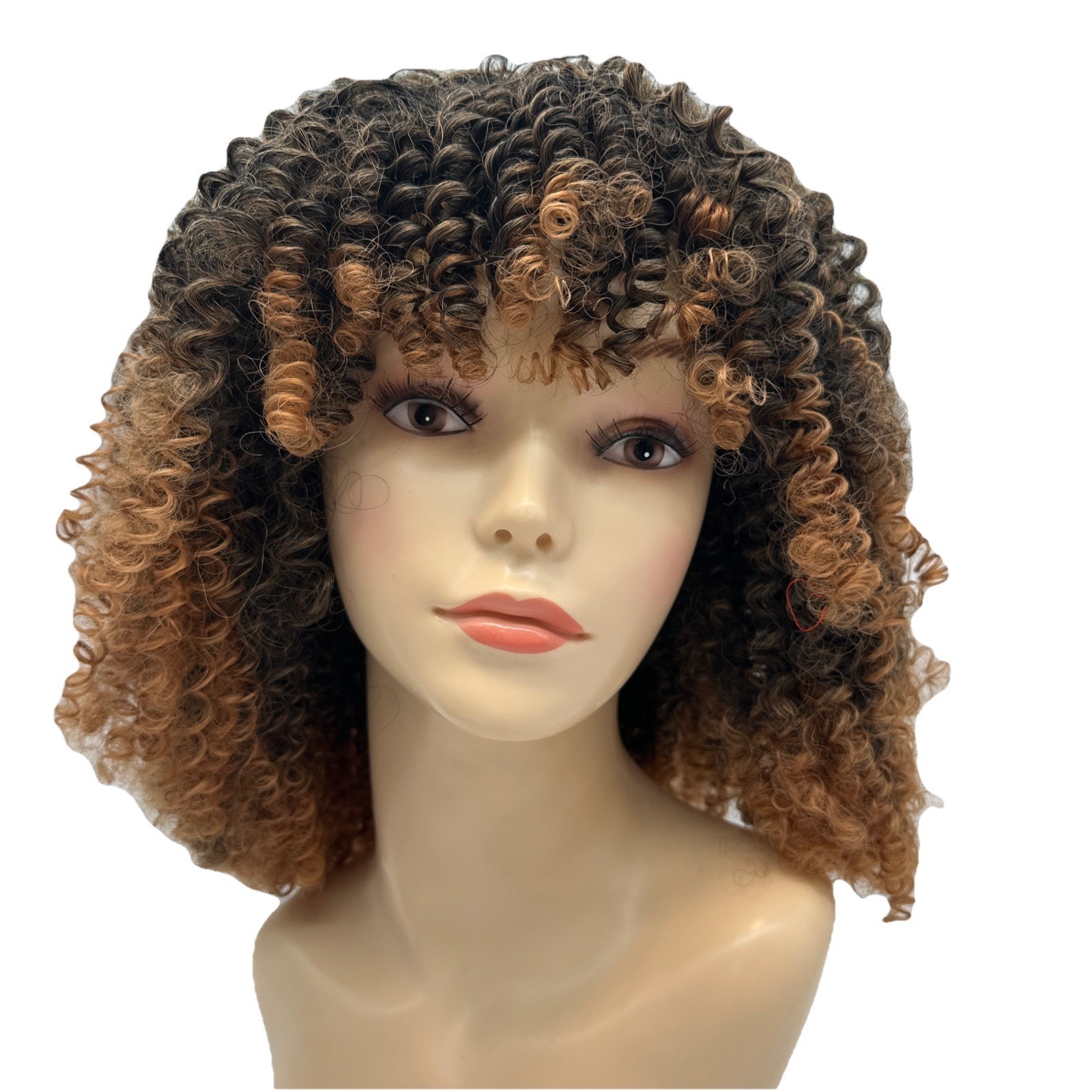 Ombre Brown 12 Inch Afro Kinky Curly Synthetic Wig with Bangs Wear and Go {19}