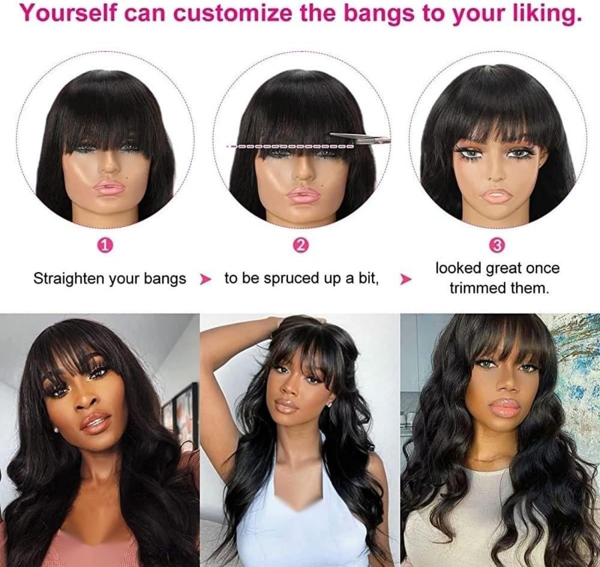 Body Wave None Lace Front Wigs Human Hair with Bangs Glueless Machine Made Wigs