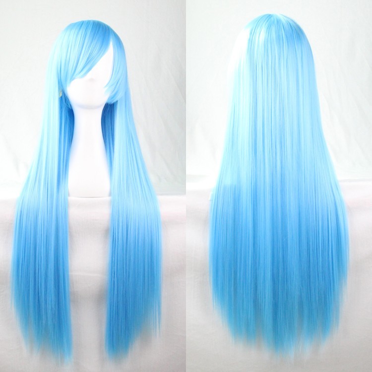 Blue New 80cm Straight Sleek Long Full Hair Wigs Side Bangs for Women Rose Net