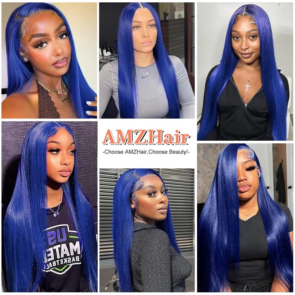 Amzhair 13X6 Blue Lace Front Wig Human Hair Straight Hd Transparent Navy Blue