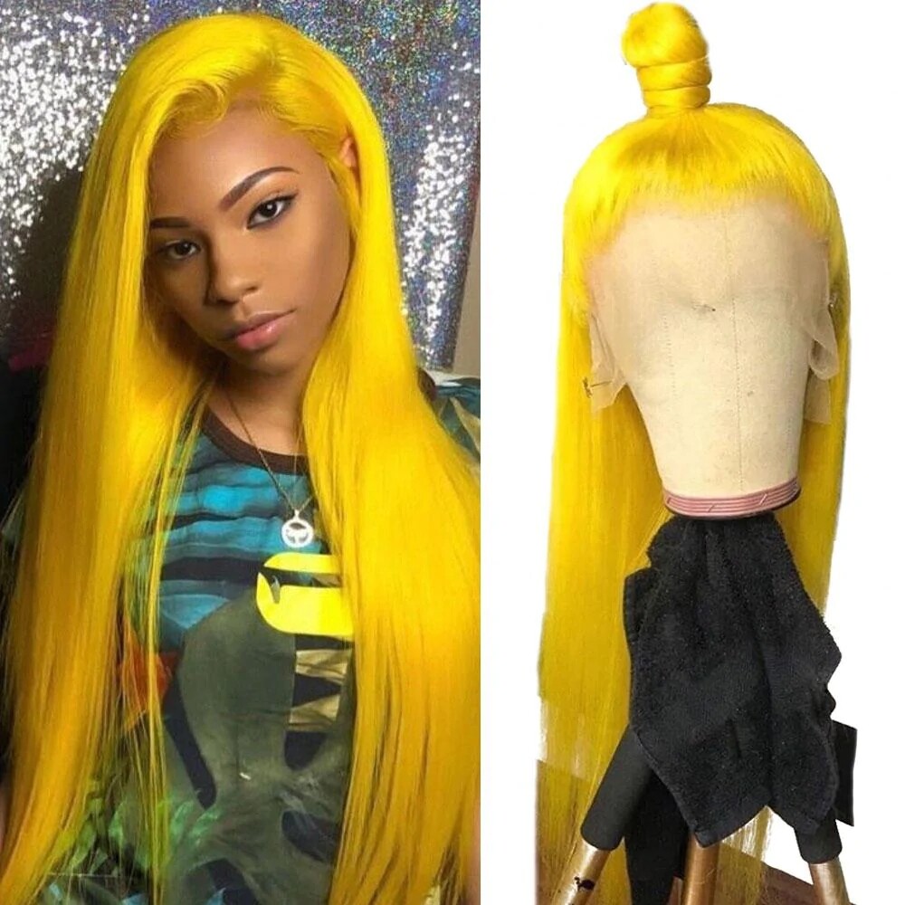 Lace Front Yellow Wig 24In Long Straight Yellow Wig for Women Cosplay Party Wear
