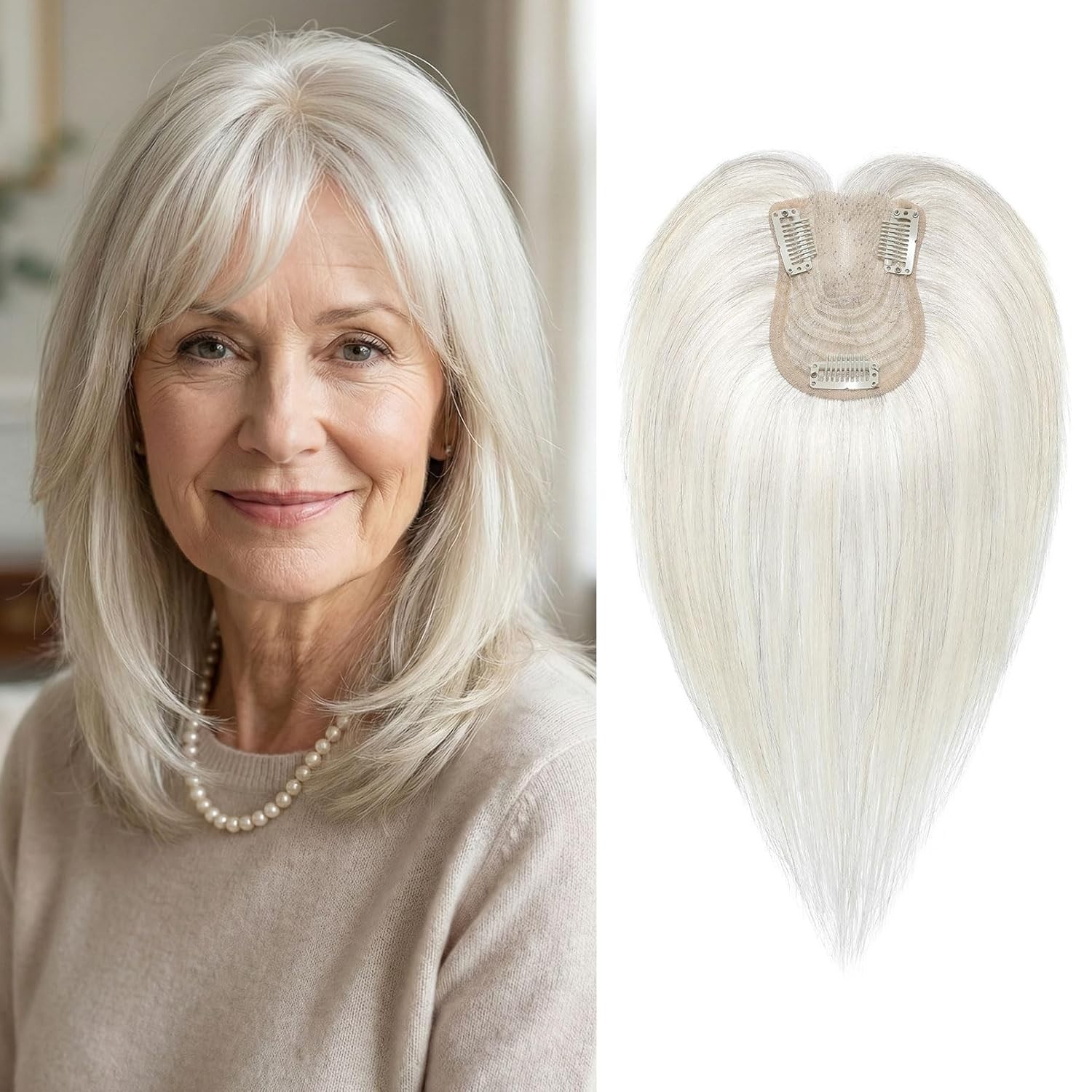 Silver White Black Strands Light Wispy Bangs 10in Women 100% Human Hair Topper