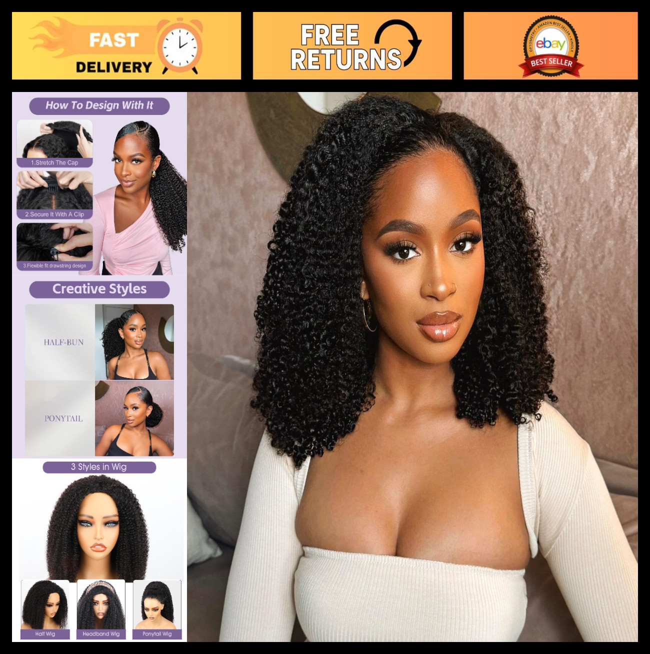 Afro Curly Half Wig – 180% Density, Glueless, Easy Wear, Kinky Curly 18″ Human H