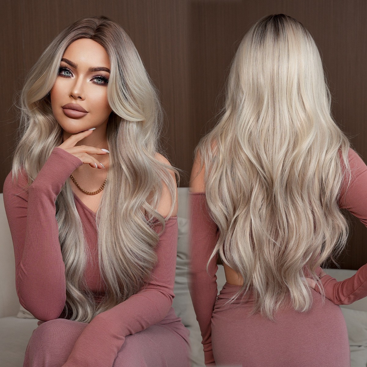 Long Wavy Ombre Beige Ash Blonde Middle Part Wig with Curtain Bangs for Women