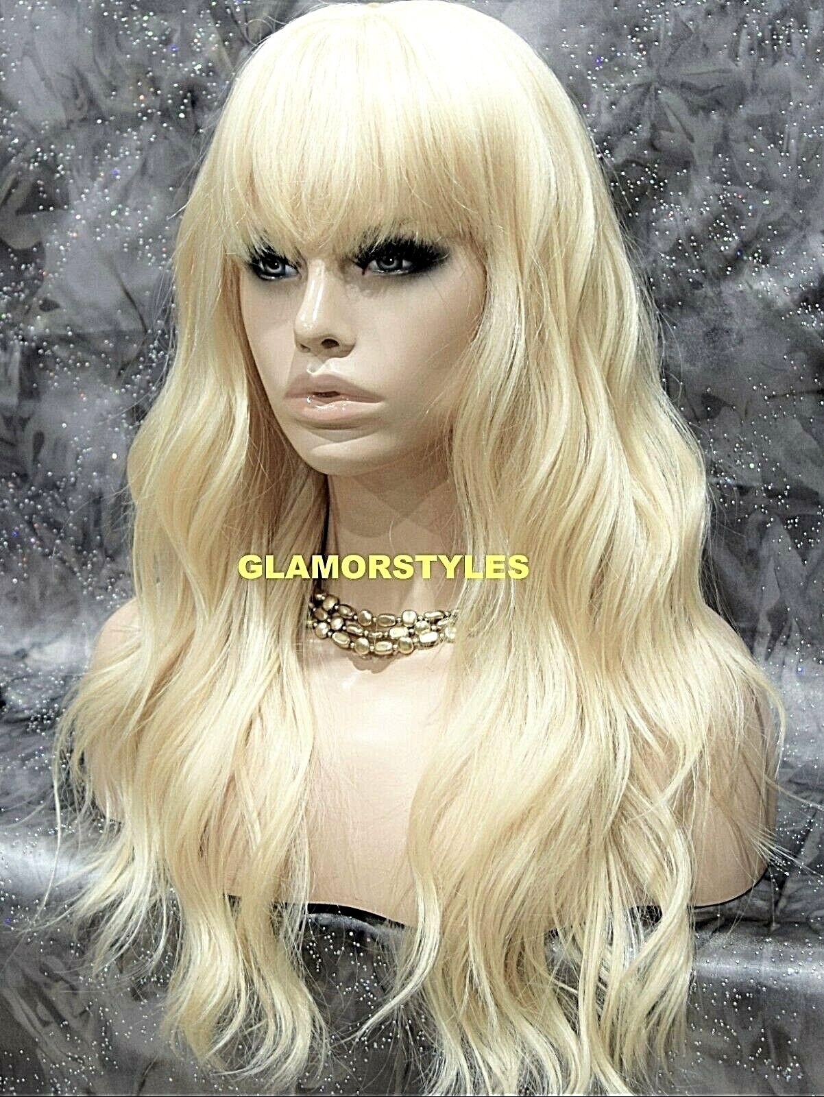 FULL WIG LONG LAYERED WAVY WITH BANGS BLEACH BLONDE #613 HEAT OK NWT