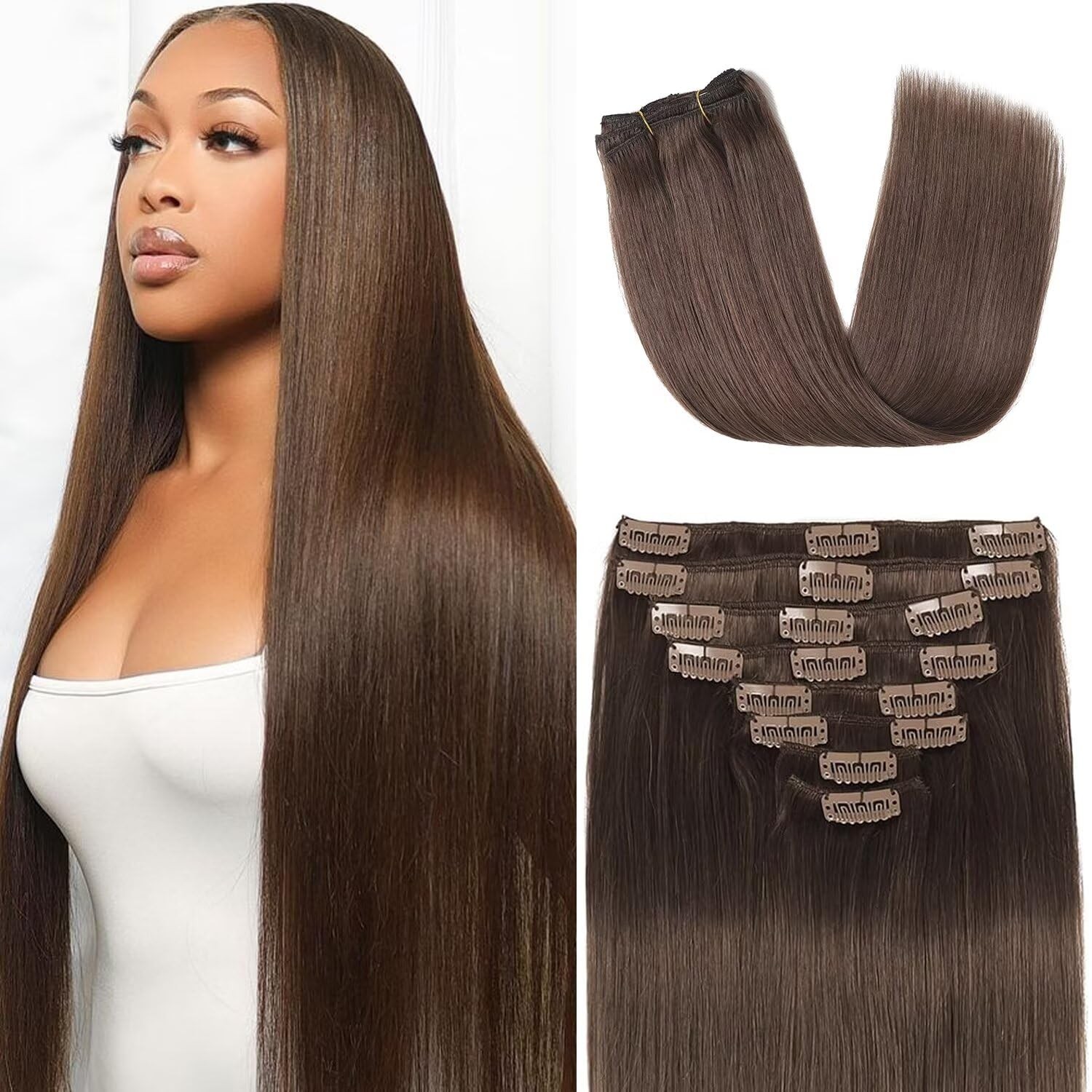 Clip in Hair Extensions Real Human Hair 3.6oz/100g Clip ins 100% Brazilian Re…