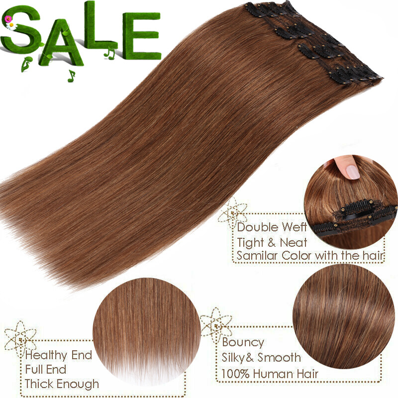 US Extra Thick Remy 100% Human Hair Extensions Clip In Full Head Double Weft 18″