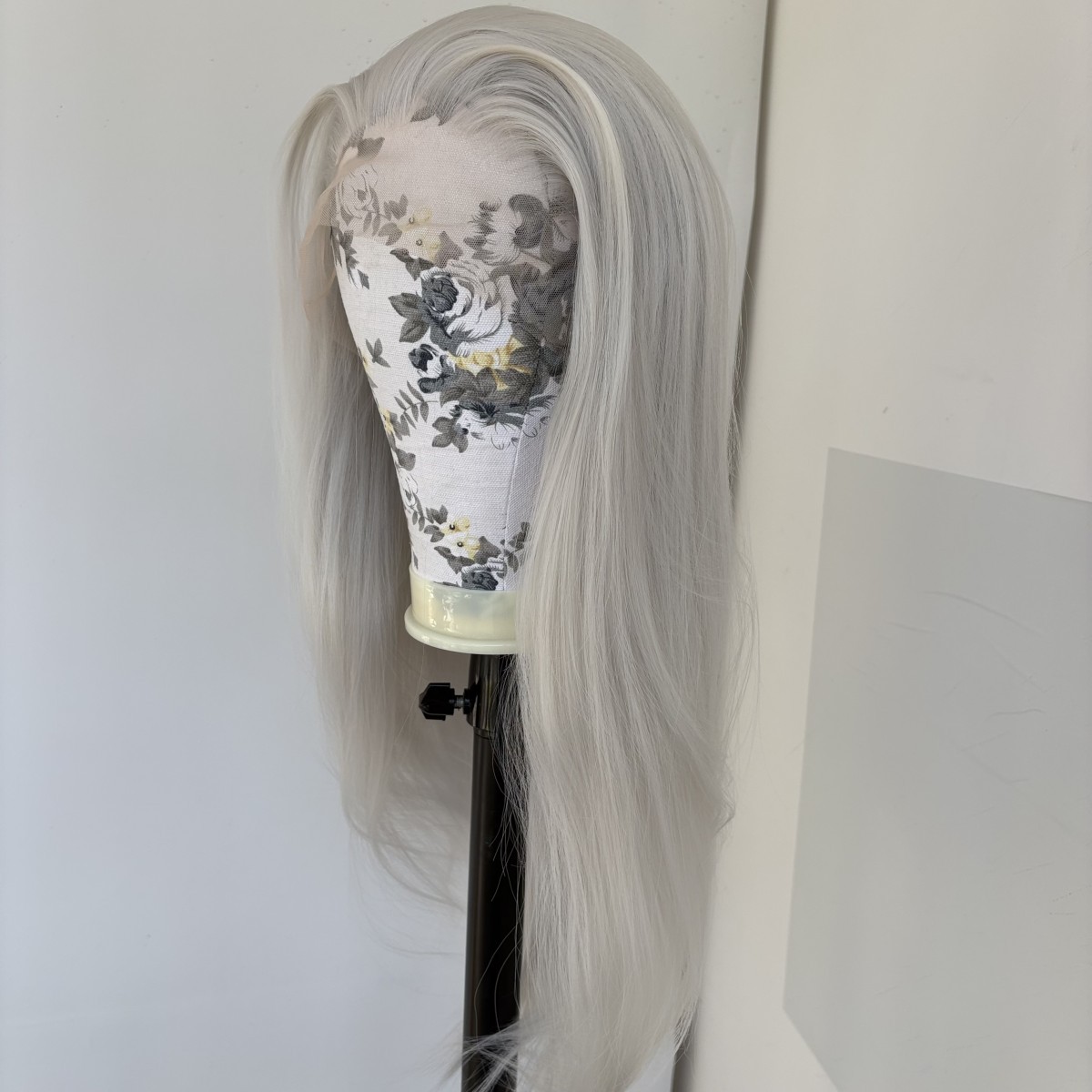 Pre Plucked Synthetic Hair Silver Long Straight Lace Frontal Wig Natural