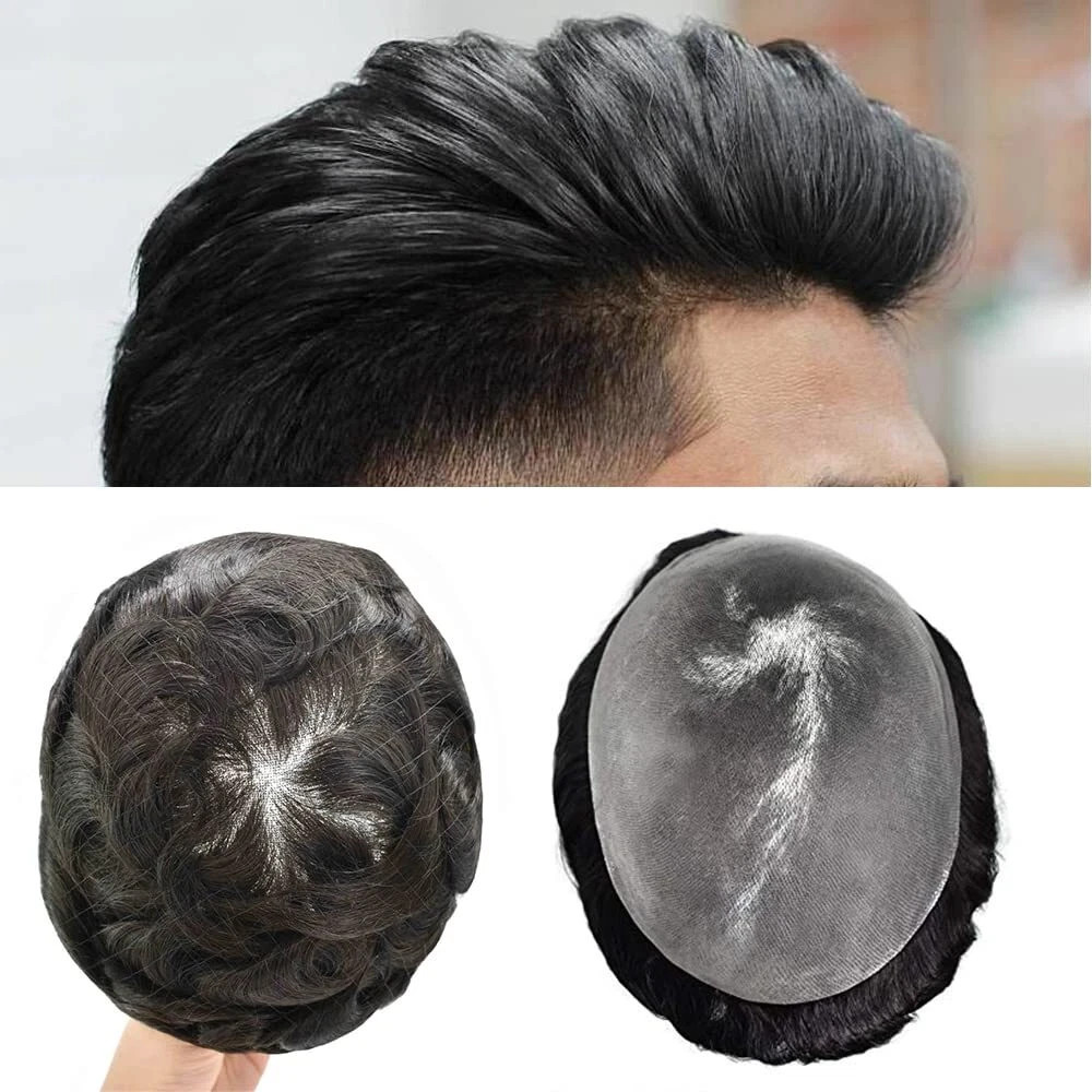 Full Poly Toupee for Men Real Human Hairpiece Durable Thin Skin Mens Toupee