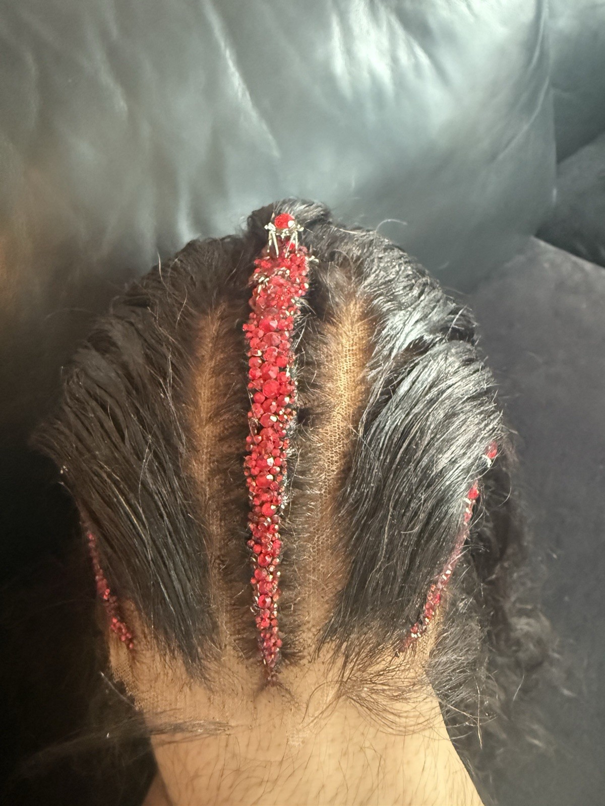Custom styled human hair wig worn once. 13×6,30 in. w braids, crystals & spiders