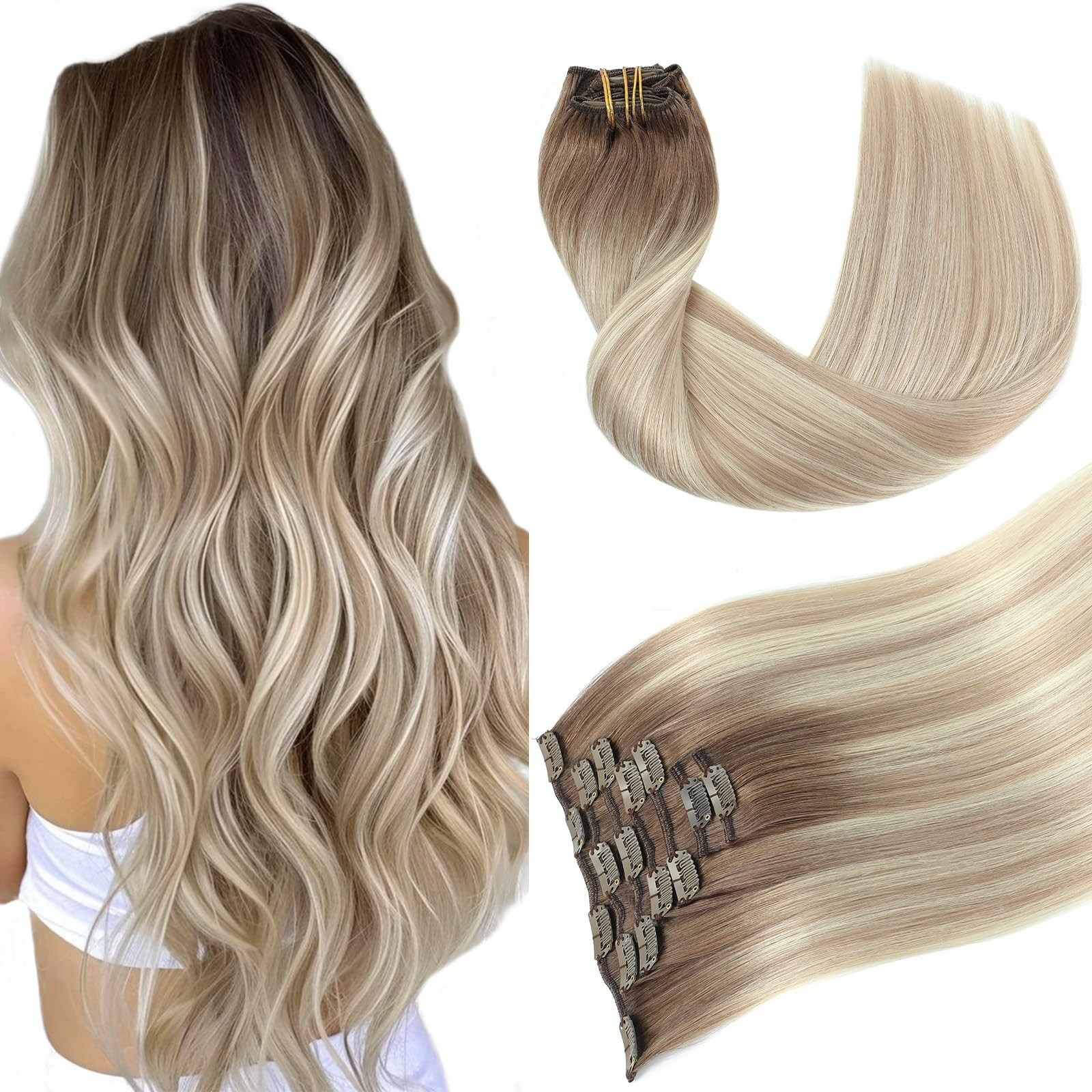 18″ Clip-In Human Hair Extensions 120g, Balayage Ash Brown to Platinum Blonde, 7