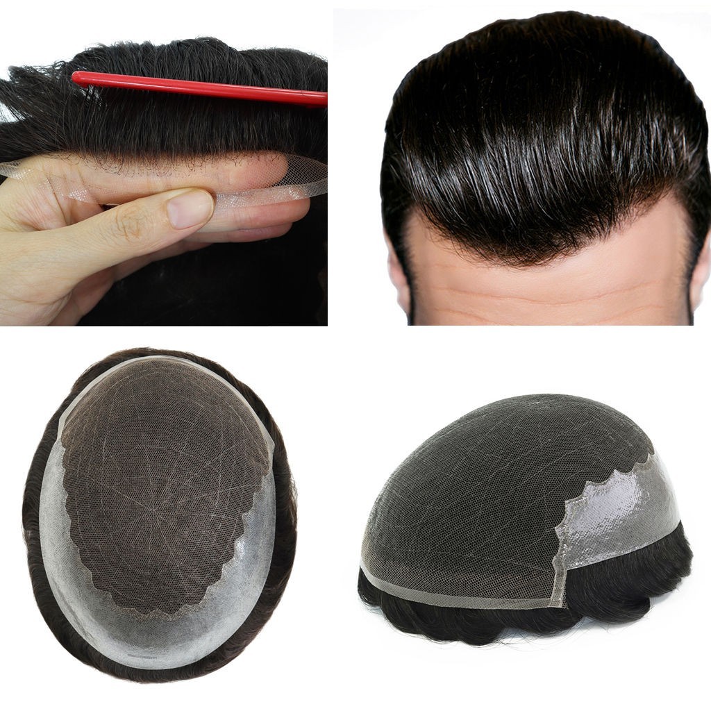 Toupee For Mens Human Hair Replecement System Lace Skin Hairpieces Black Hair Q6