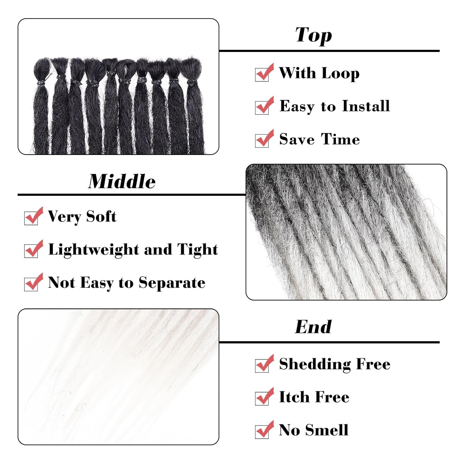 20 Strands Synthetic Dreadlock Extensions 24 Inch Black to White Single Ended…