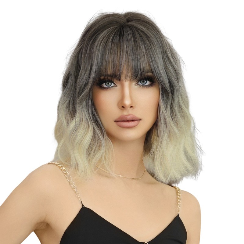Short Curly Wig White Balayage Ombre with Bangs Japanese Korean Style Natural