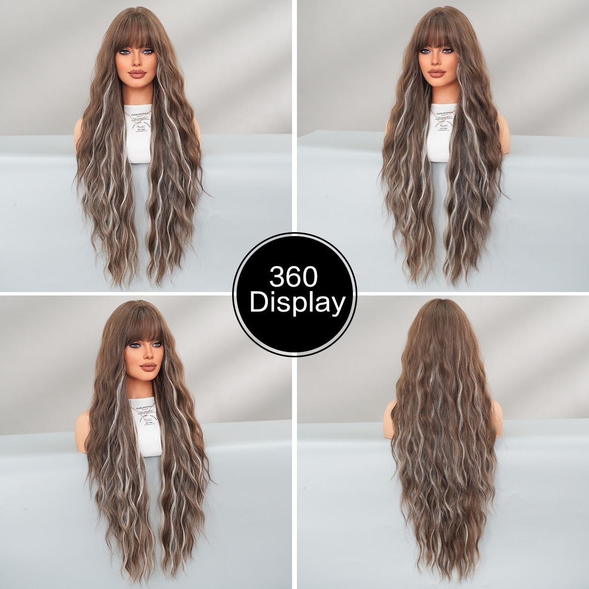 36-inch ultra-long wavy hair with fringe brown highlighted and gray heat-resist