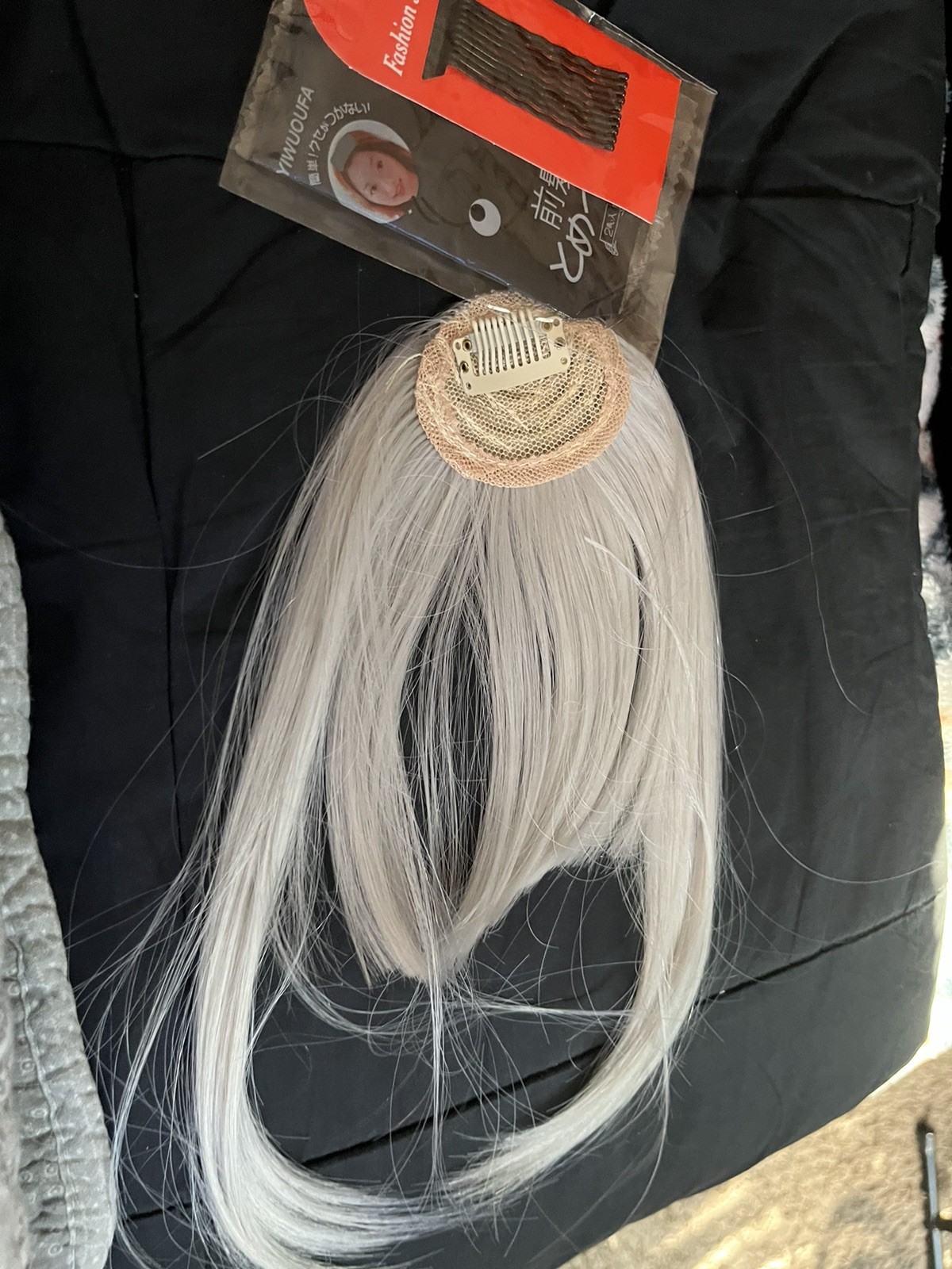 Grey hair Bangs Clip in on Fringe Hair Extensions As Front Hairpiece plus pins