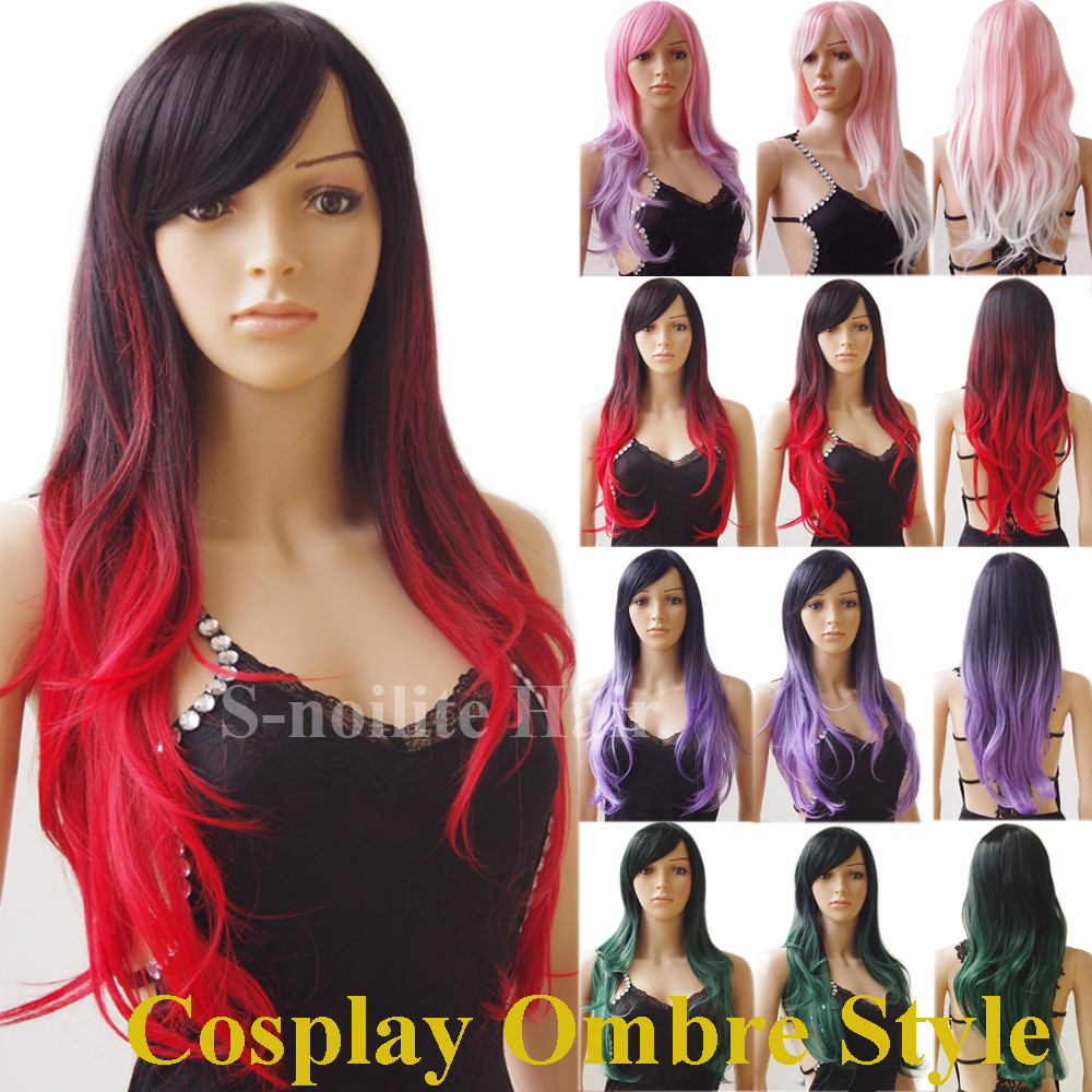 Ombre Long Curly Wavy Hair Wig Women Long Full Wigs with Bangs Cosplay Party #lg