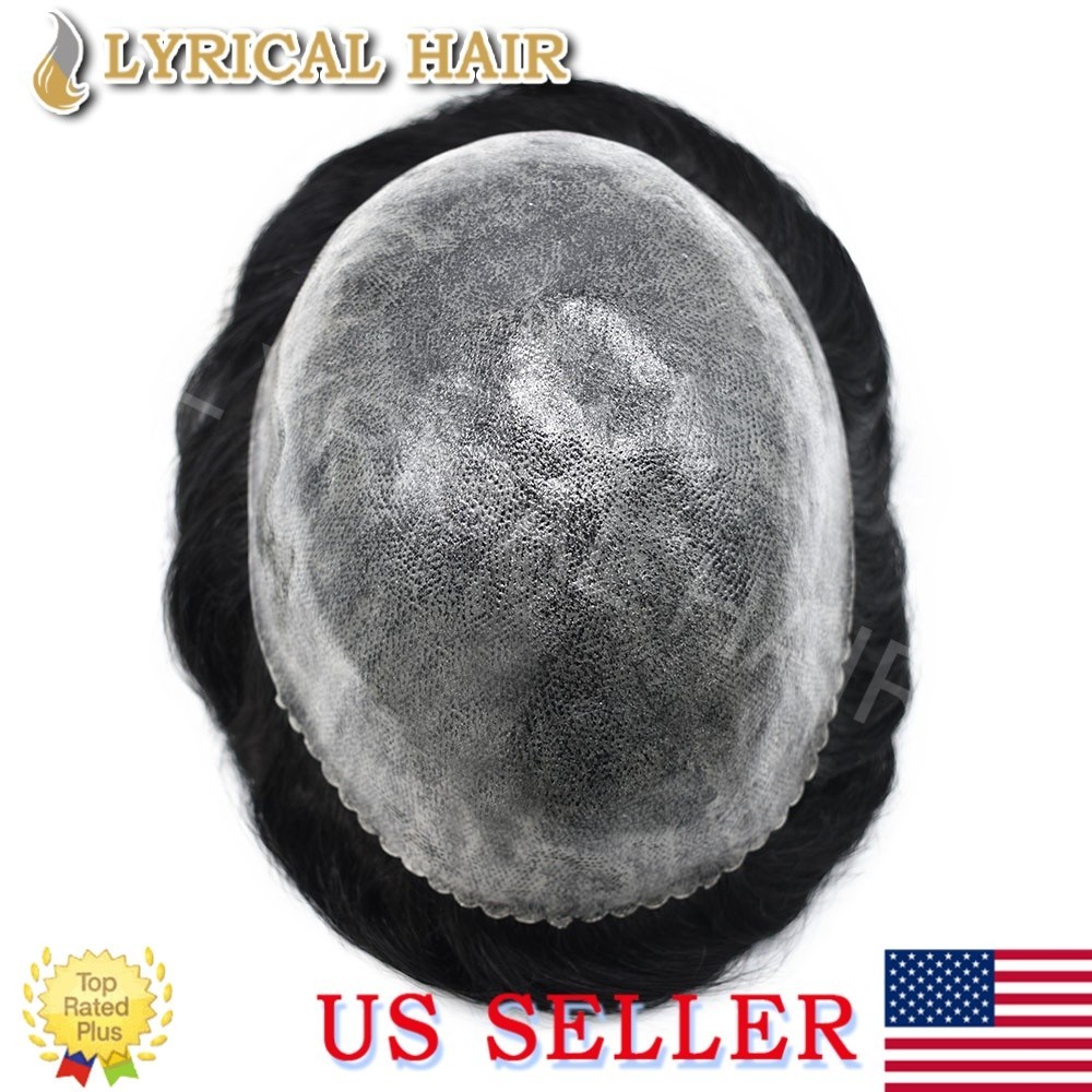 Mens Toupee 0.10MM PU Human Hair Replacement System Gray Brown Black Hairpiece