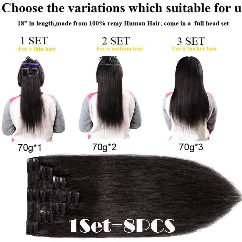 100% Soft Clip In Remy Real Human Hair Extensions Full Head 8PS Weft Black Brown
