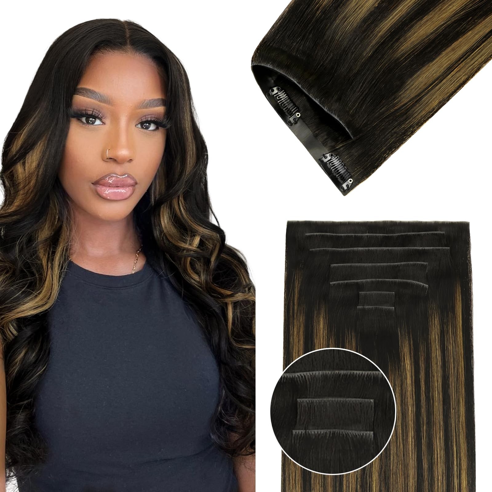 18″ 110g Clip-in Hair Extensions, Seamless PU, Virgin Human Hair, Natural Black