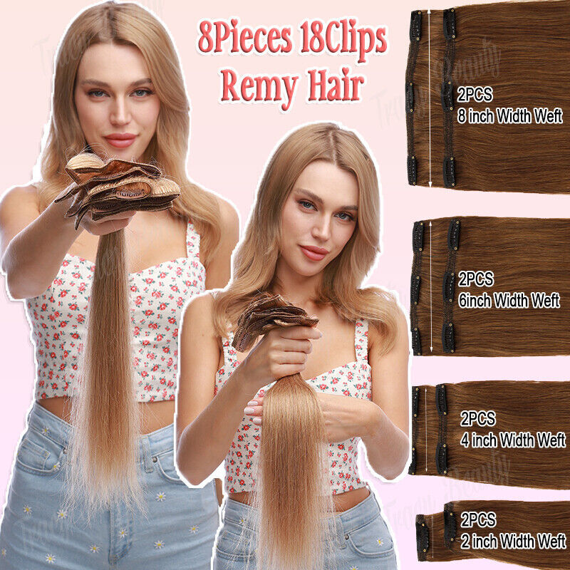 100% Clip In Remy Human Hair Extensions Full Head Black/Brown/Blonde Straight