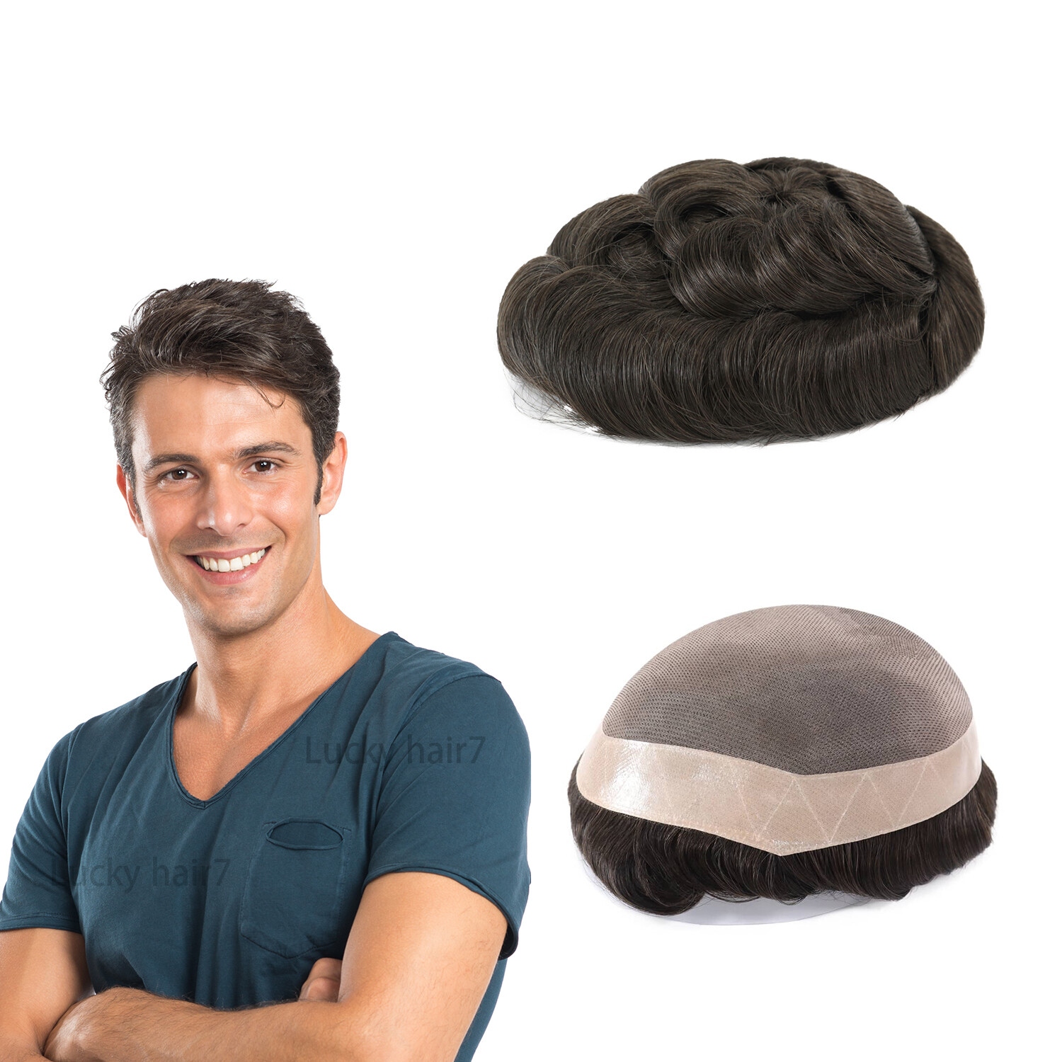 Mens Toupee Human Hair Replacement System Durable Fine Mono Lace Poly Hairpiece