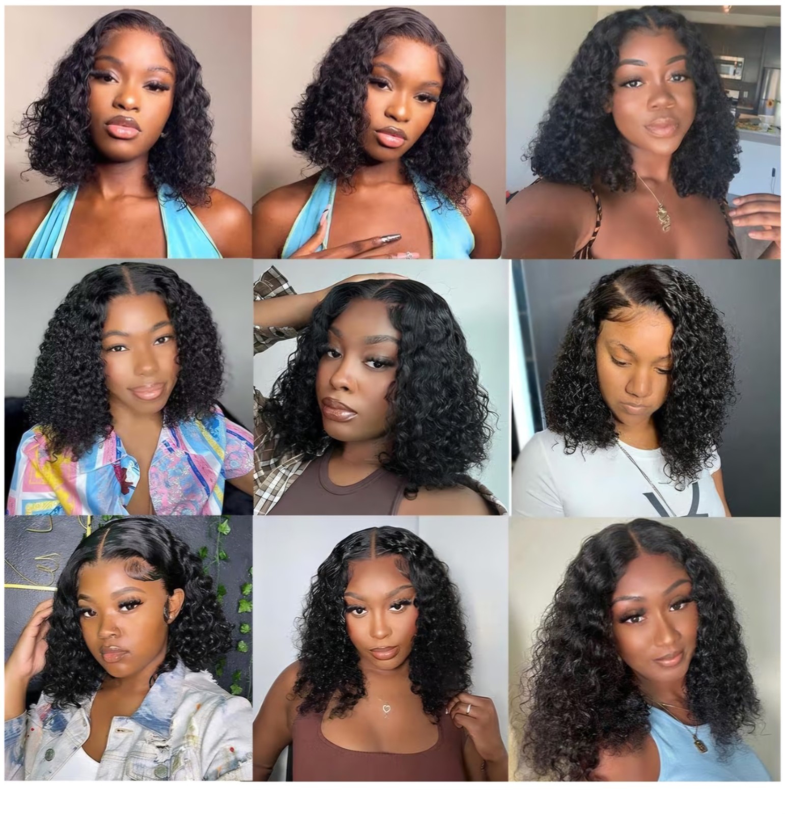 Human Hair Black Curly Bob Lace Front Glueless Wig Free-Part 10in Women