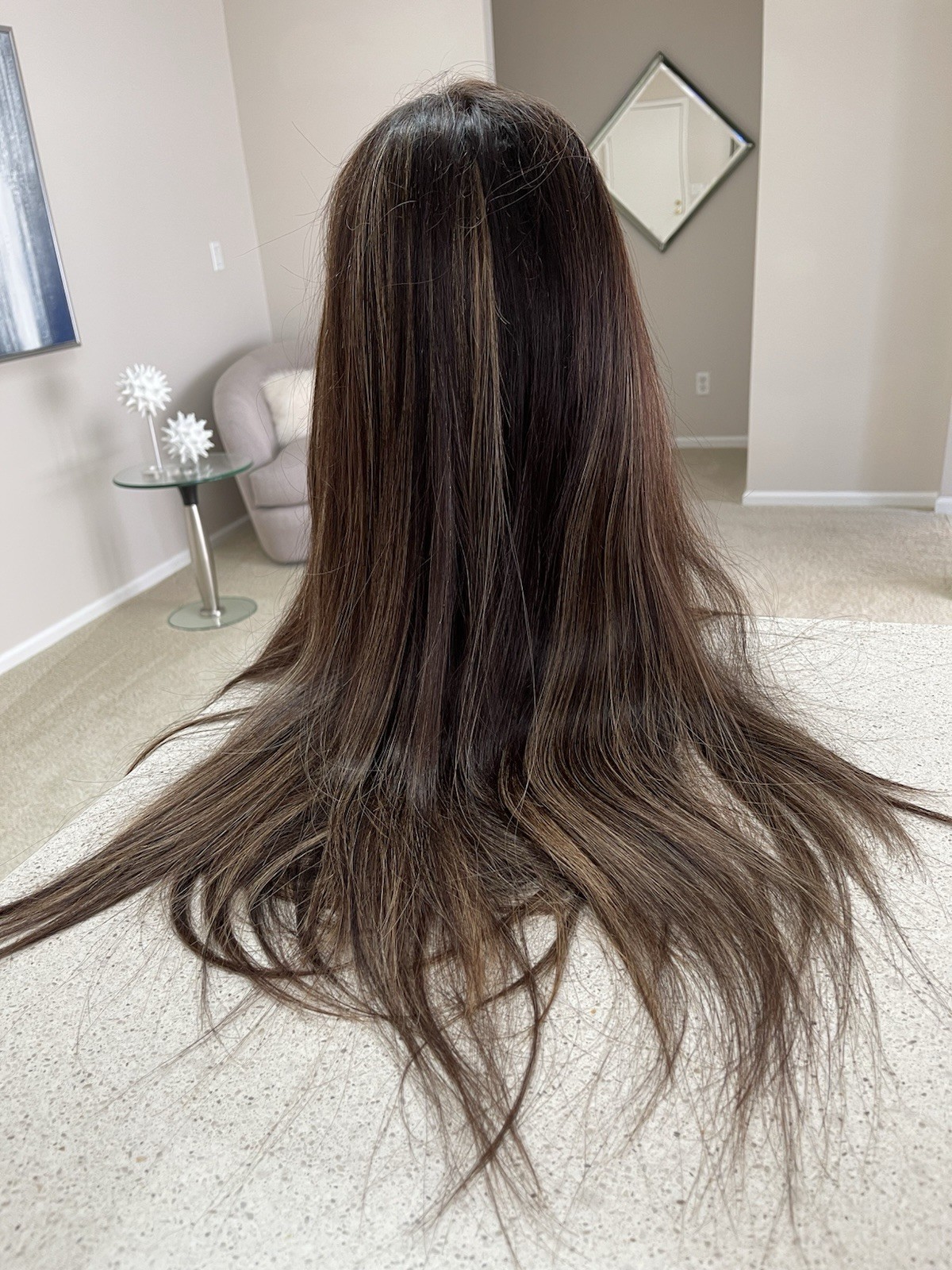 Custom Made Lace Top Brown w/Highlights Human Hair Wig 29” Med Cap