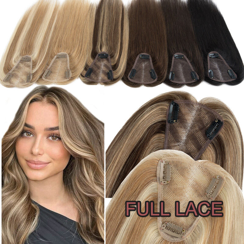 Clip In Hair Topper 100% Real Human Hair Piece Toupee Extensions Full Lace Base