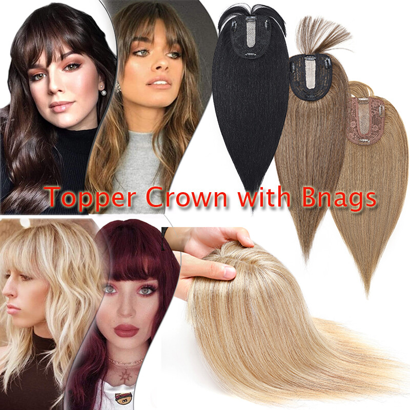 Top Silk Base 100% Remy Human Hair Topper Toupee Top Hairpiece Clip In Bangs Wig