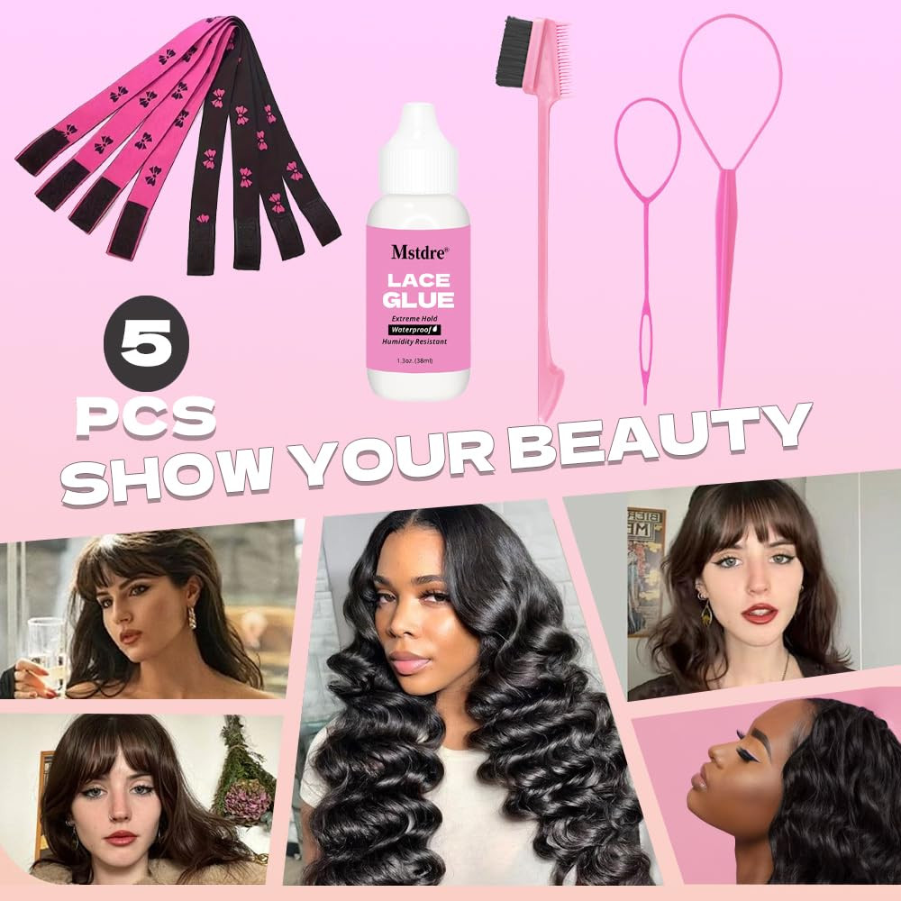 Front Lace Wig Glue Set: Wig Glue Lace, Side Brush, Rat-Tail Comb, Bristle Comb,