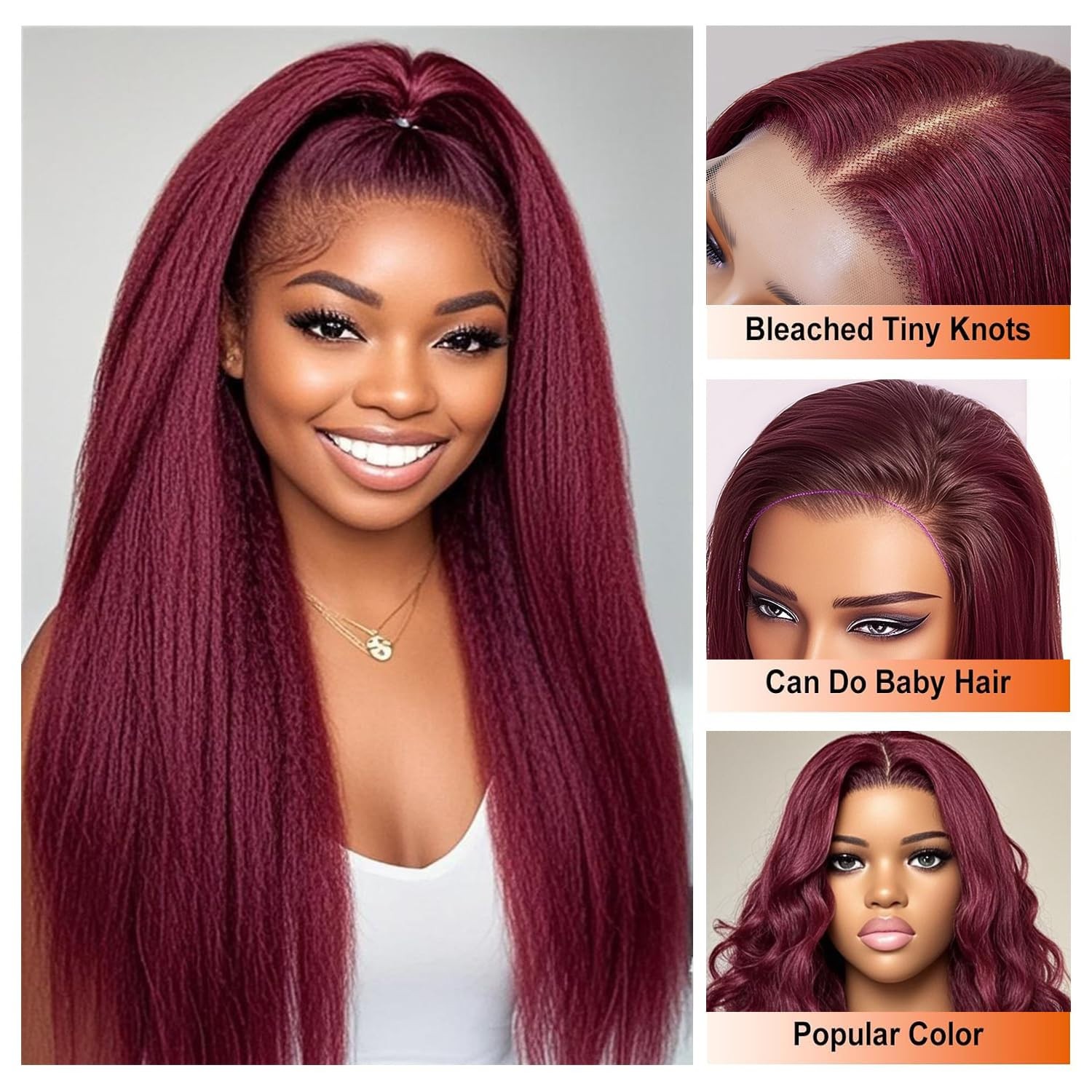 13×4 Kinky Straigh 99J Burgundy Human Hair Transparent Lace