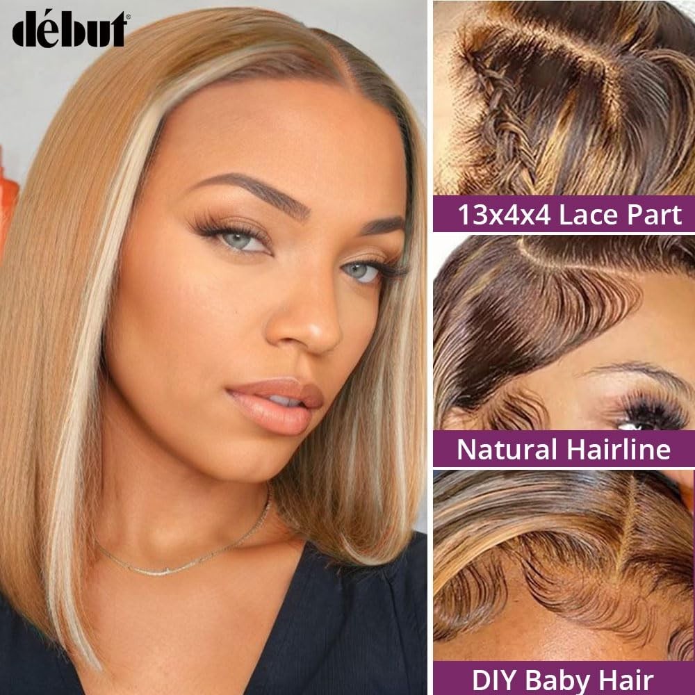 DEBUT Skunk Stripe Lace Front Wig 4×4 HD Ombre Brown Blonde Bob 10 Inch Human Ha
