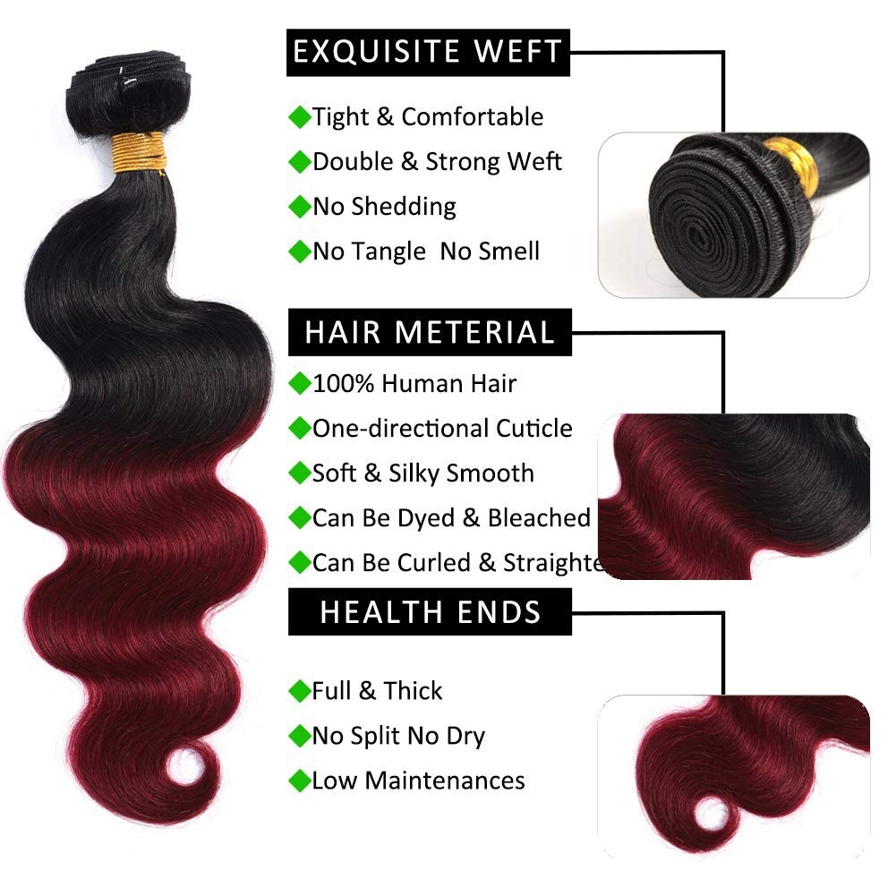 Black/Puple-Red #1B/99J BODY WAVE 100 Human Hair Weave Extension (10- 28 In)