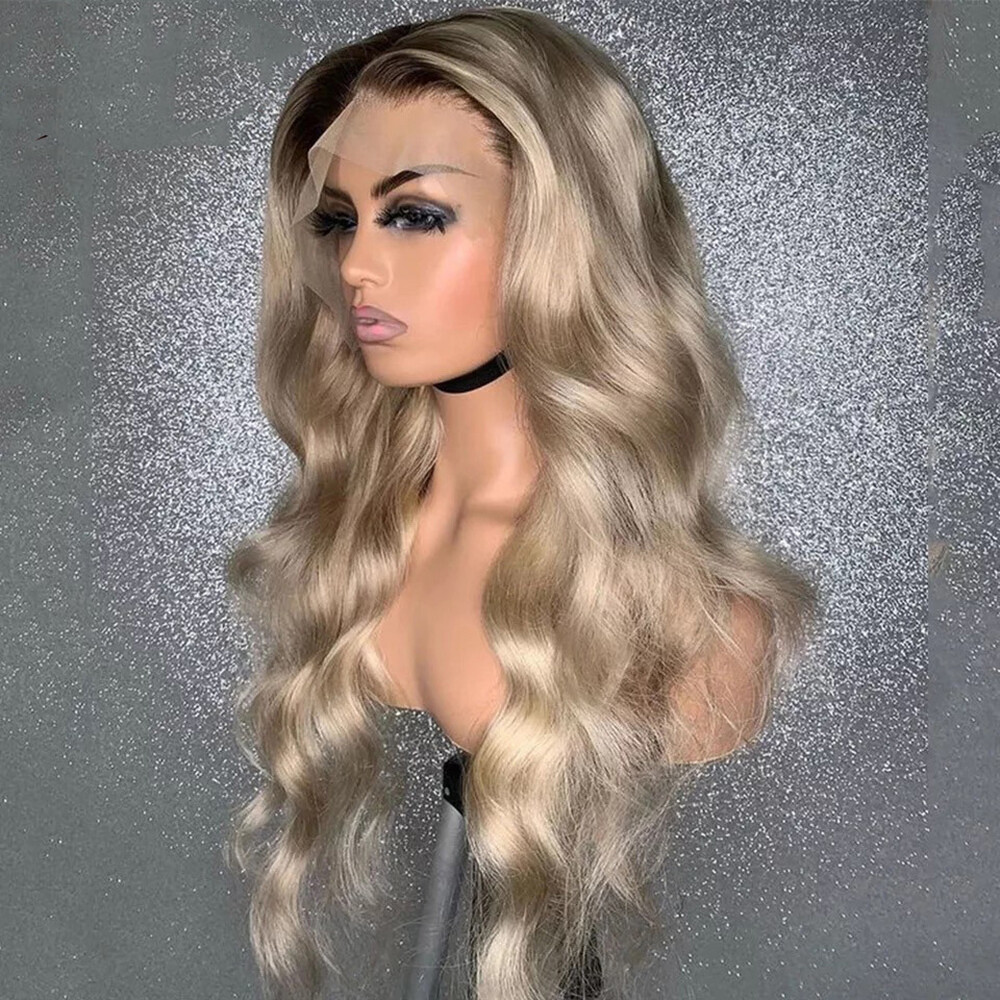 Dark Brown Ombre Ash Blonde 13×4 Lace Front Human Hair Wigs for Women Body Wave