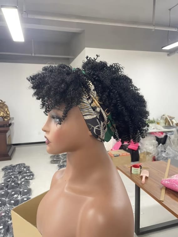 Women’s 6-Inch Short Kinky Coil Headband Wig, Black-White-Green Pattern