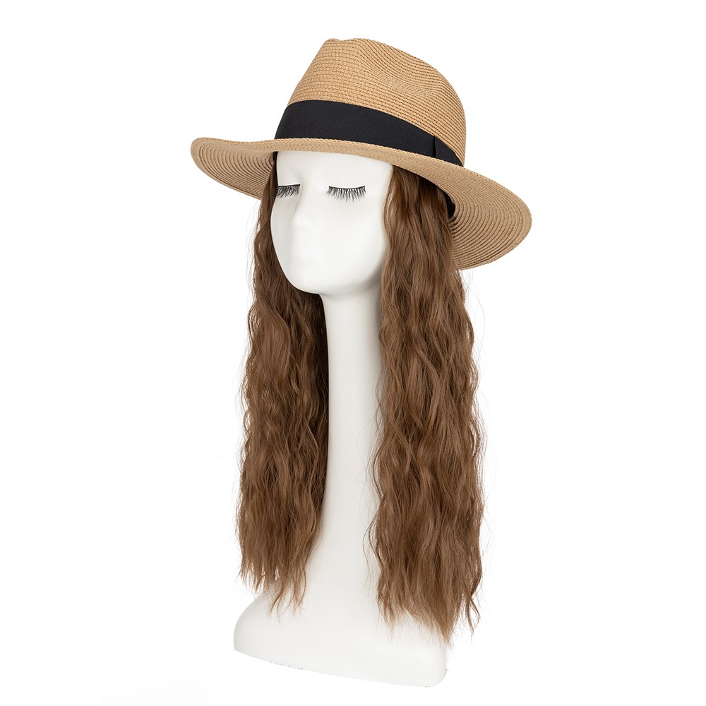 Long Wave Sun Hat Wig with Synthetic Hair Adjustable Straw Beach Cap For Women