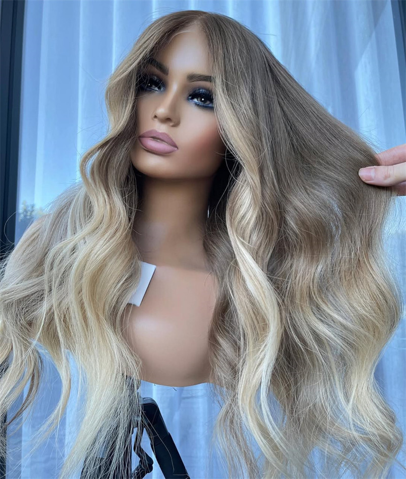 13×4 Lace Frontal Wig Human Hair Ombre Ash Brown Blond Body Wave Pre Plucked