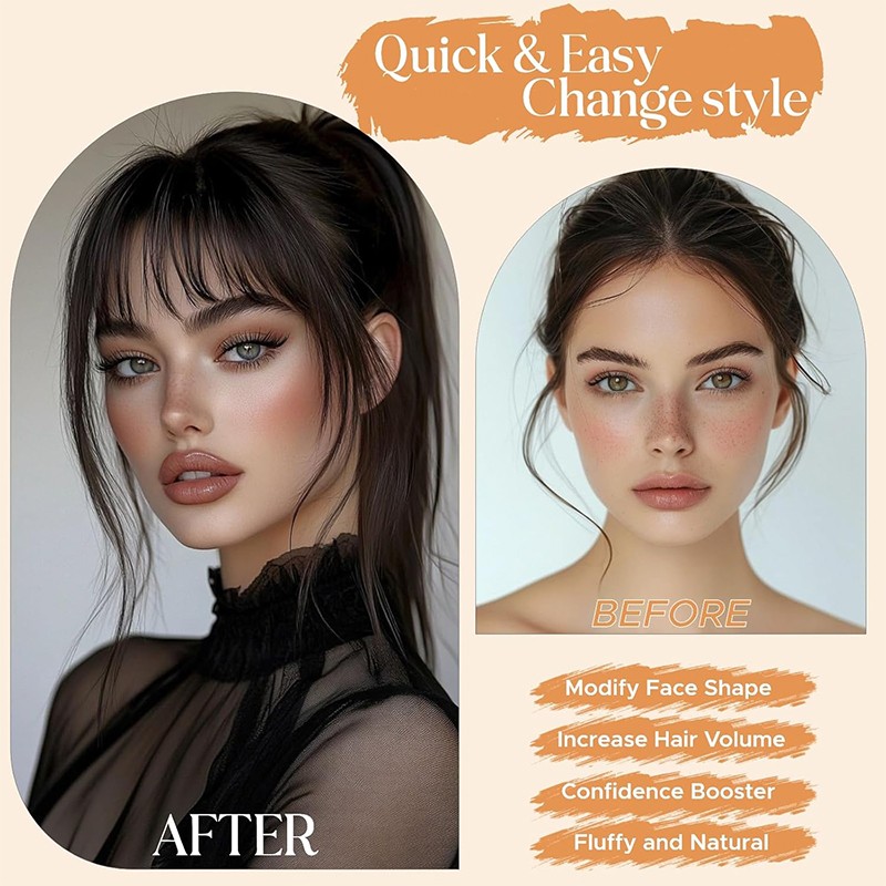 100% Human Hair Extensions Clip In 3D Bangs Mid-Part Air Bangs French Bangs Thin