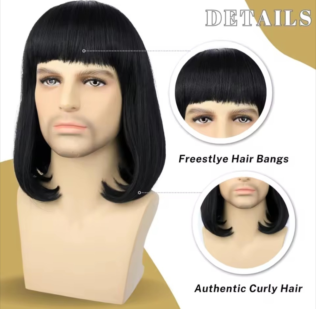 Lord Farquad Style Synthetic Unisex Wig Black Full Bangs Realistic Wig 14 Inch