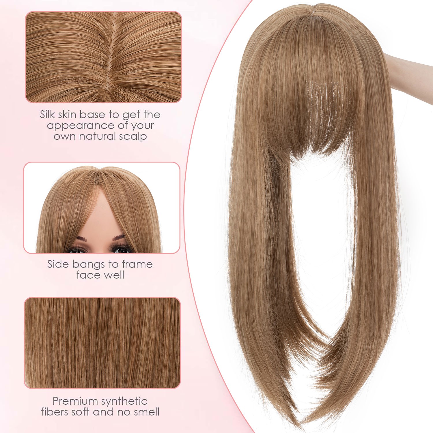 18″ Free Part Women Topper Real As Human Hair Top Toupee Piece Clip in Hairpiece