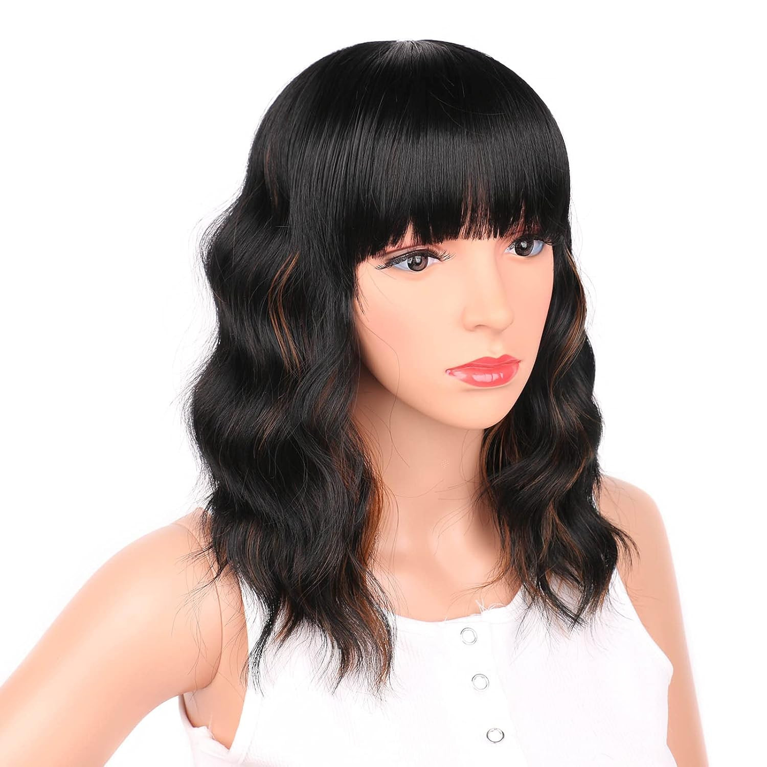 Ucubb Black Mixed Brown Wig for Black Women 14 Inch Short Wavy Hair Wigs Curly