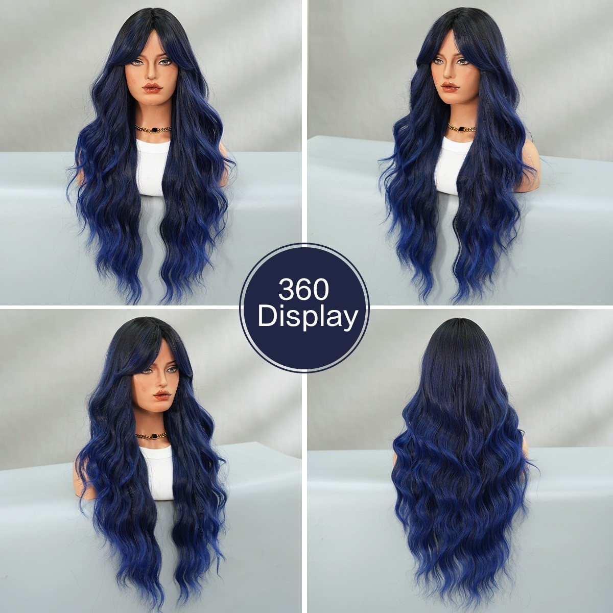 Blue wig with long curly hair wavy and fluffy full head cover with blue wig