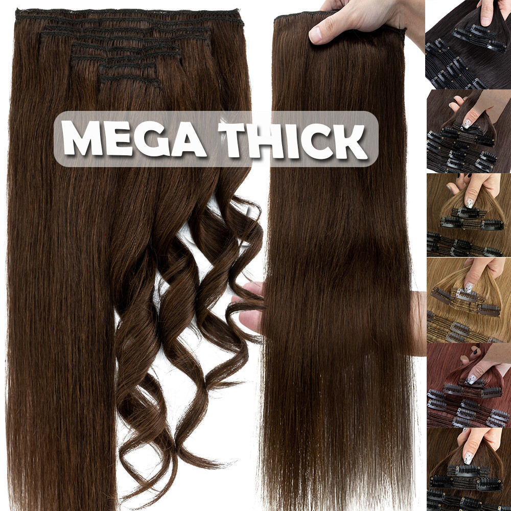 THICK Double Weft Clip In Real Remy Human Hair Extensions Full Head 8pcs Caramel