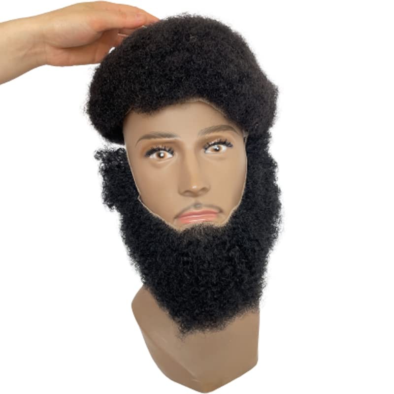 Human Hair Afro Curl Face Beard Mustache for American Black Men Realistic Mak…